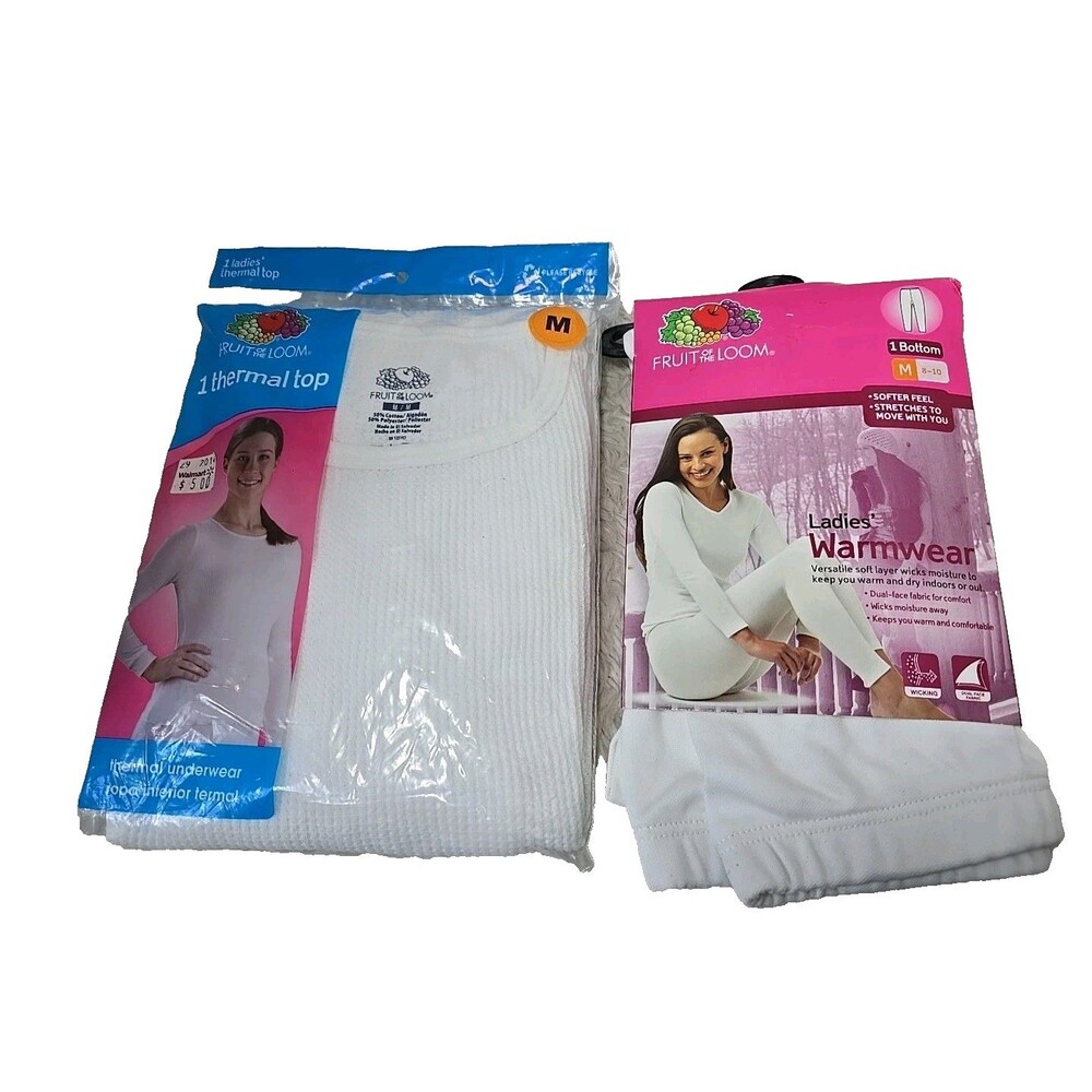 Fruit of the Loom Thermal Top & Warmwear Long Pants Med Skiing Base Layer White